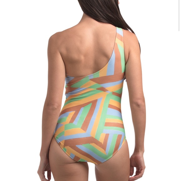 Shoshanna One-Shoulder Stripe Ring-Detail Swimsuit in Pastel Multi - Picture 2 of 7